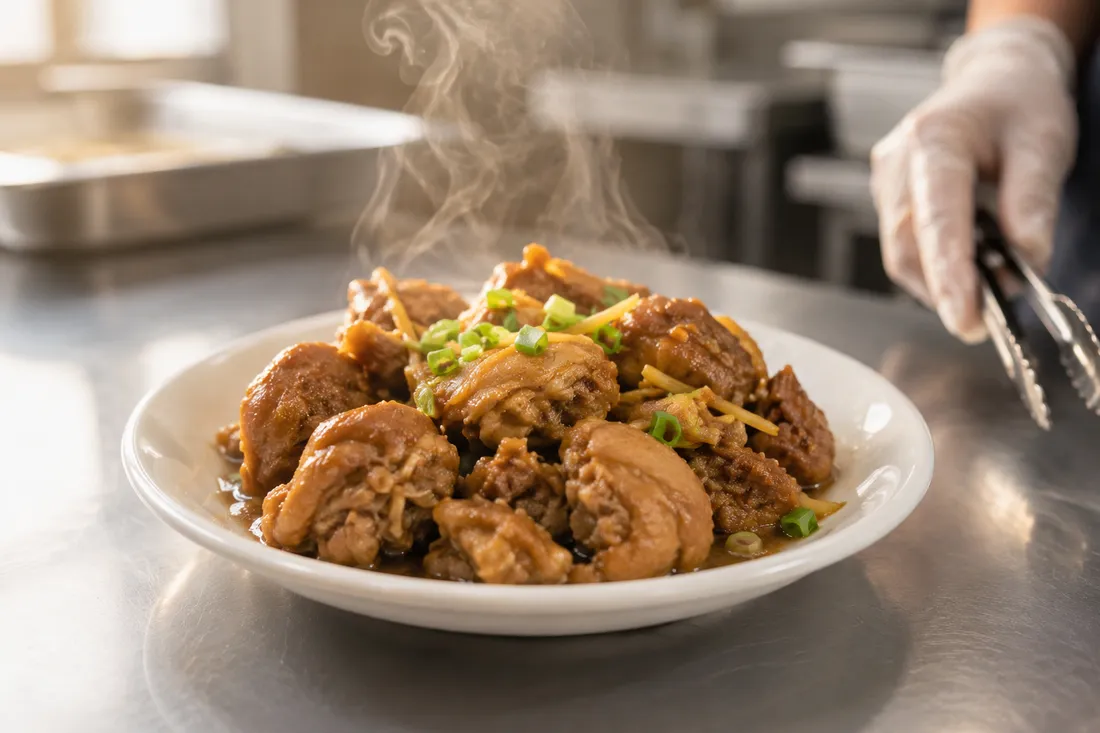 Món mặn nấu tươi còn bốc hơi trong bếp School Feast — thay cho xúc xích công nghiệp và viên chiên đông lạnh