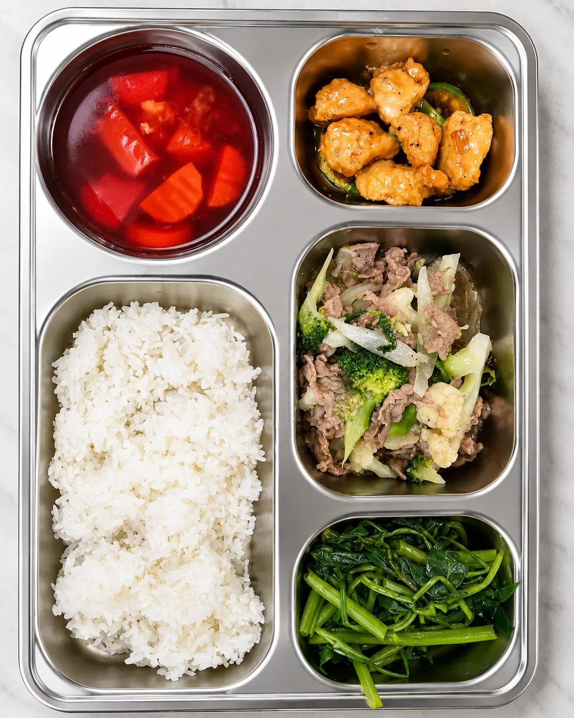 Rau xanh chiếm một phần ba khay cơm — bữa trưa văn phòng vì sức khỏe của School Feast