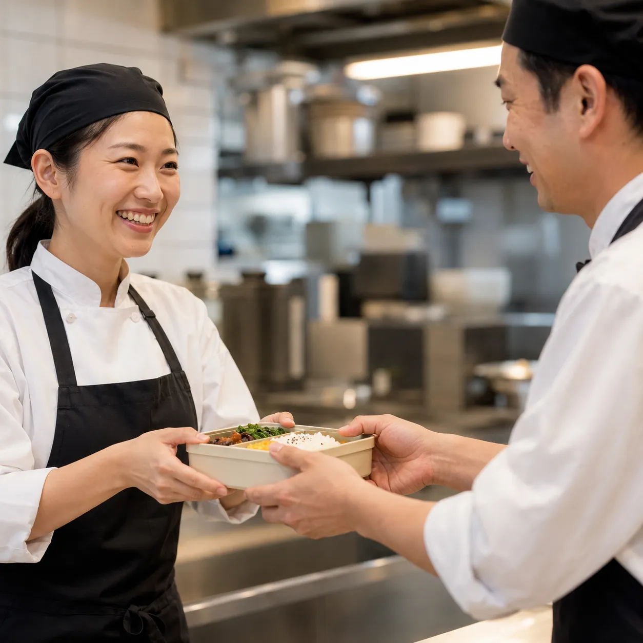 Nhân viên bếp School Feast mỉm cười trao khay cơm trưa cho khách