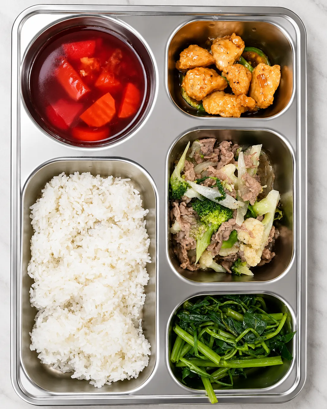 Khay cơm School Feast nhiều rau xanh tươi, đủ chất