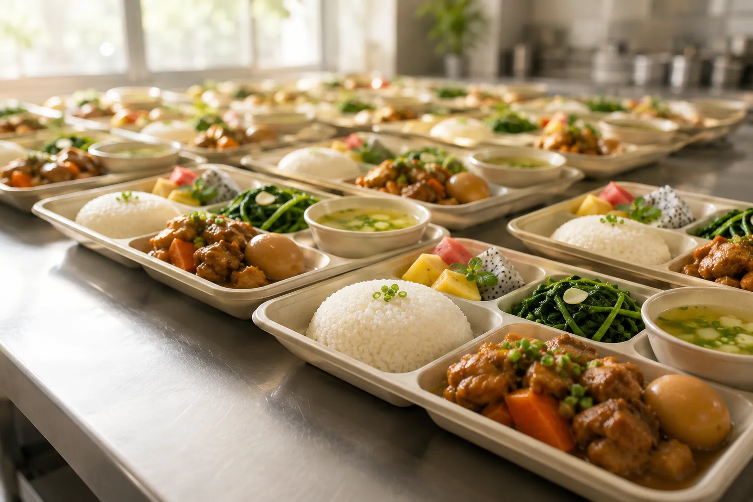 Hàng loạt khay cơm School Feast xếp sẵn trên bàn inox, chuẩn bị giao